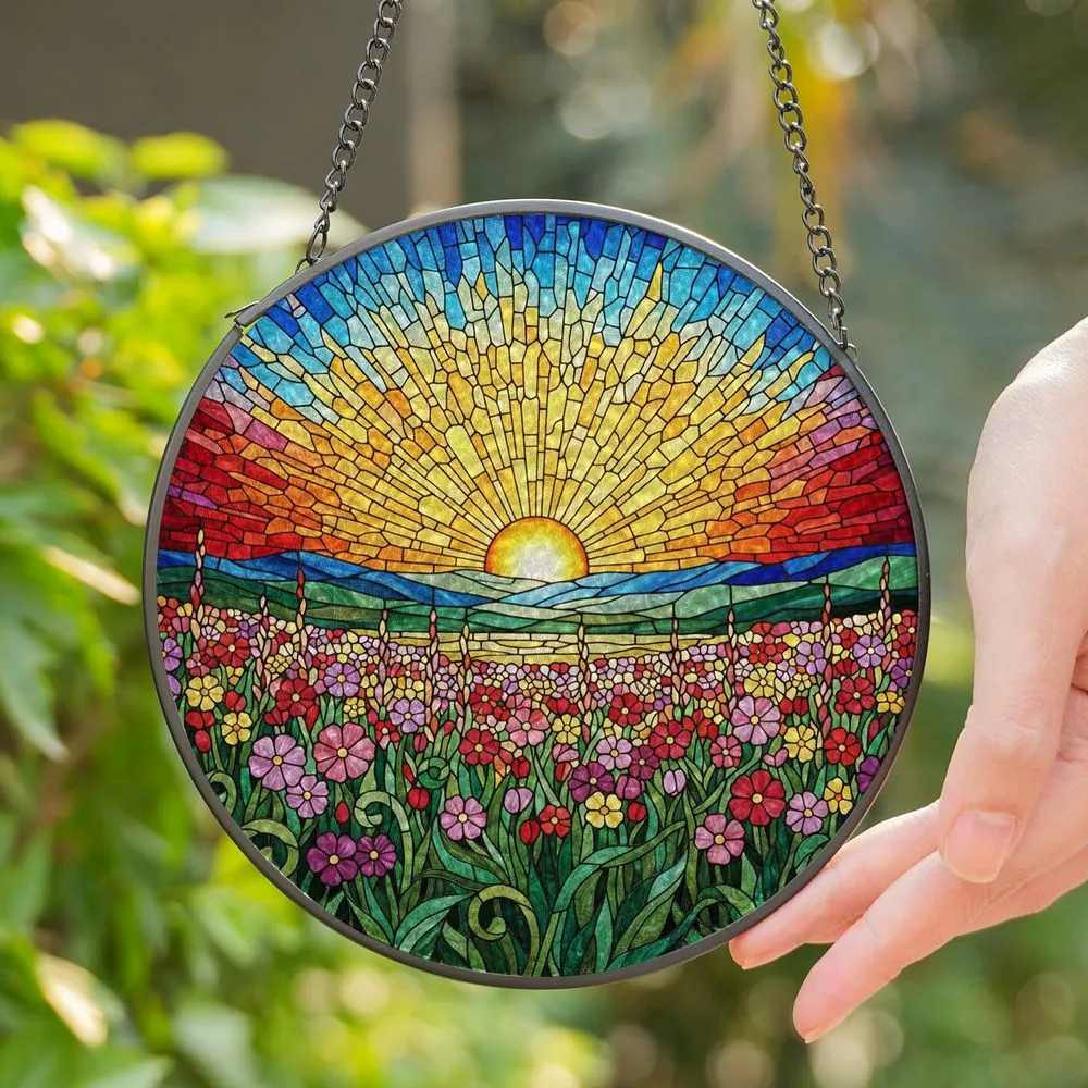 Tiffany Glass Sunset Wildflowers Hills Horizon Sky Landscape Edge-to-Edge Intricate Mosaic Stained Glass Suncatcher - 1