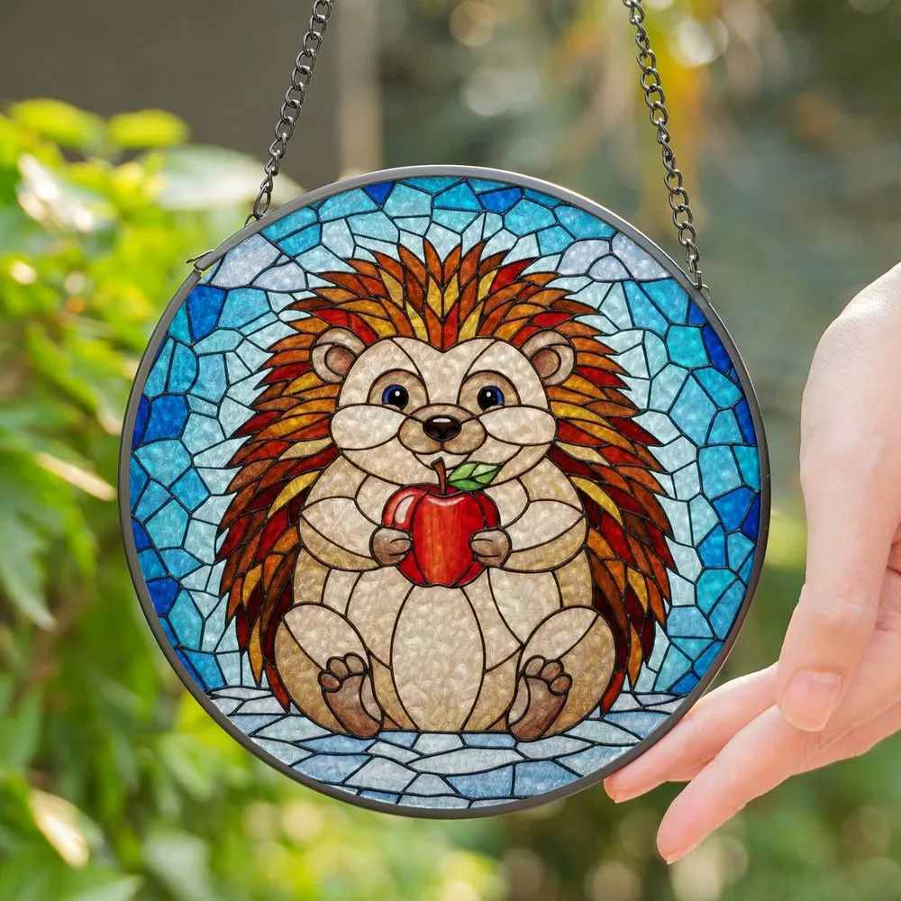 Hedgehog Holding Red Apple Tiffany Stained Glass Mosaic – Glowing Jewel Tone Window Decor Stained Glass Suncatcher - 1