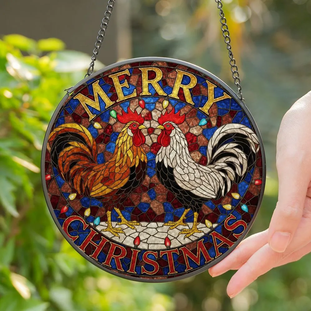 Two Roosters Christmas Lights Mosaic Tiffany Style Stained Glass Holiday Decor Stained Glass Suncatcher - 1