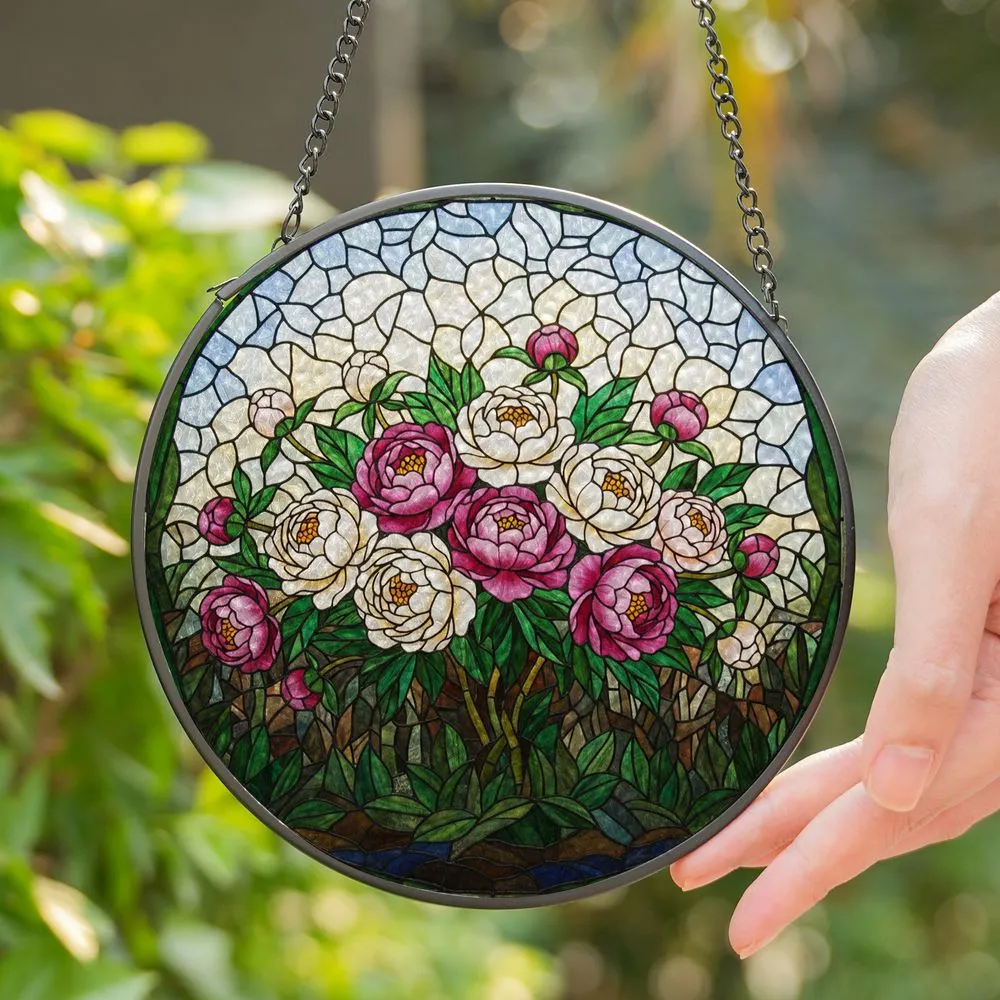 Tiffany Style Stained Glass Peony Bouquet - Peony Buds Floral Mosaic Jewel Tones Stained Glass Suncatcher - 1