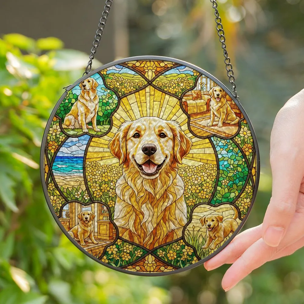 Golden Retriever Puppy Stained Glass Art, Dogs in Sunny Fields & Beaches Gift Stained Glass Suncatcher - 1