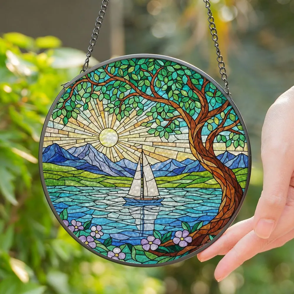 Stained Glass Sailboat Lake Mountain Sunburst - Tiffany Style Tree Hills Stained Glass Suncatcher - 1