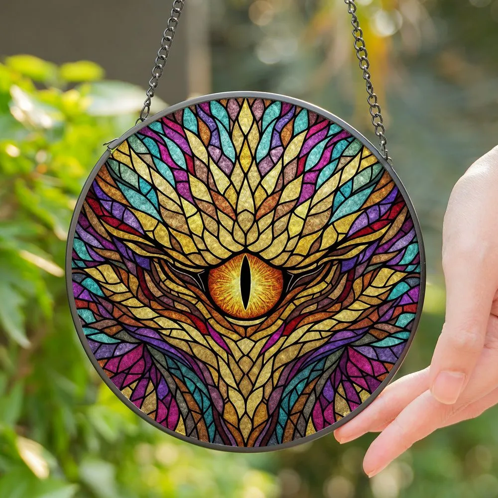 Fiery Golden Dragon Eye Stained Glass Art - Tiffany Style Jewel Tones Mosaic Scales Stained Glass Suncatcher - 1