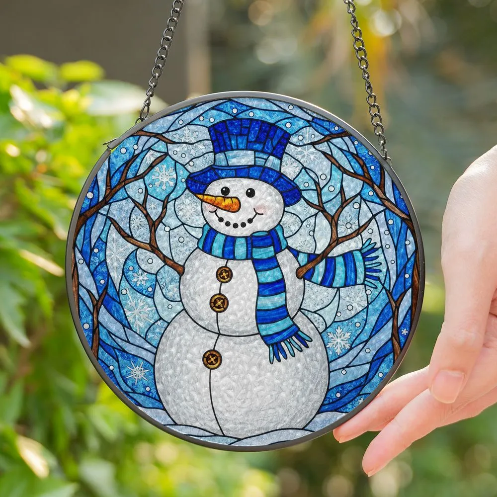 Cheerful Snowman Stained Glass Winter Mosaic - Tiffany Style Snowy Landscape Home Decor Stained Glass Suncatcher - 1