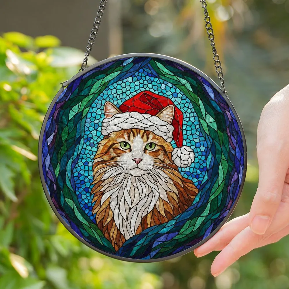 Fluffy Long-haired Tabby Cat Santa Hat Stained Glass - Christmas Cat Lover Gift Stained Glass Suncatcher - 1