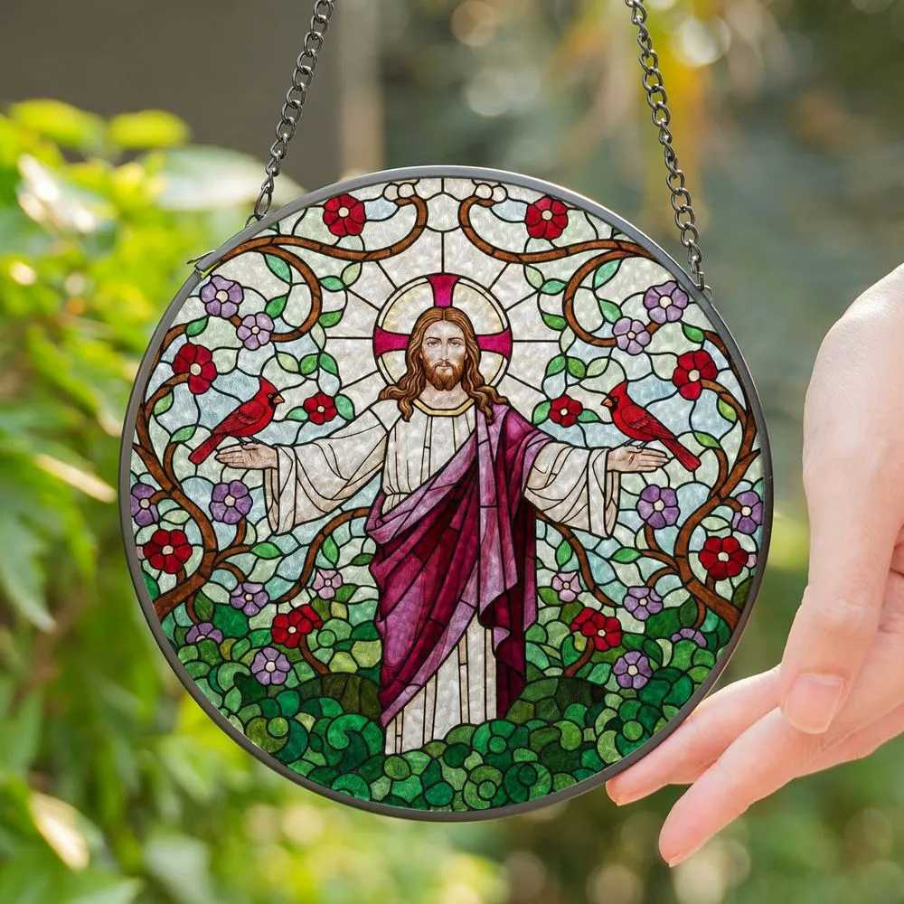Jesus Christ Stained Glass Art with Cardinals, Flowering Branches & Mosaic Background Stained Glass Suncatcher - 1
