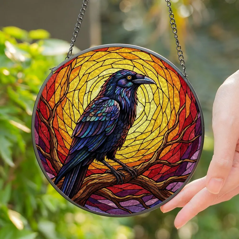 Majestic Black Raven Stained Glass Iridescent Feathers Tiffany Style Glowing Sunset Sky Stained Glass Suncatcher - 1