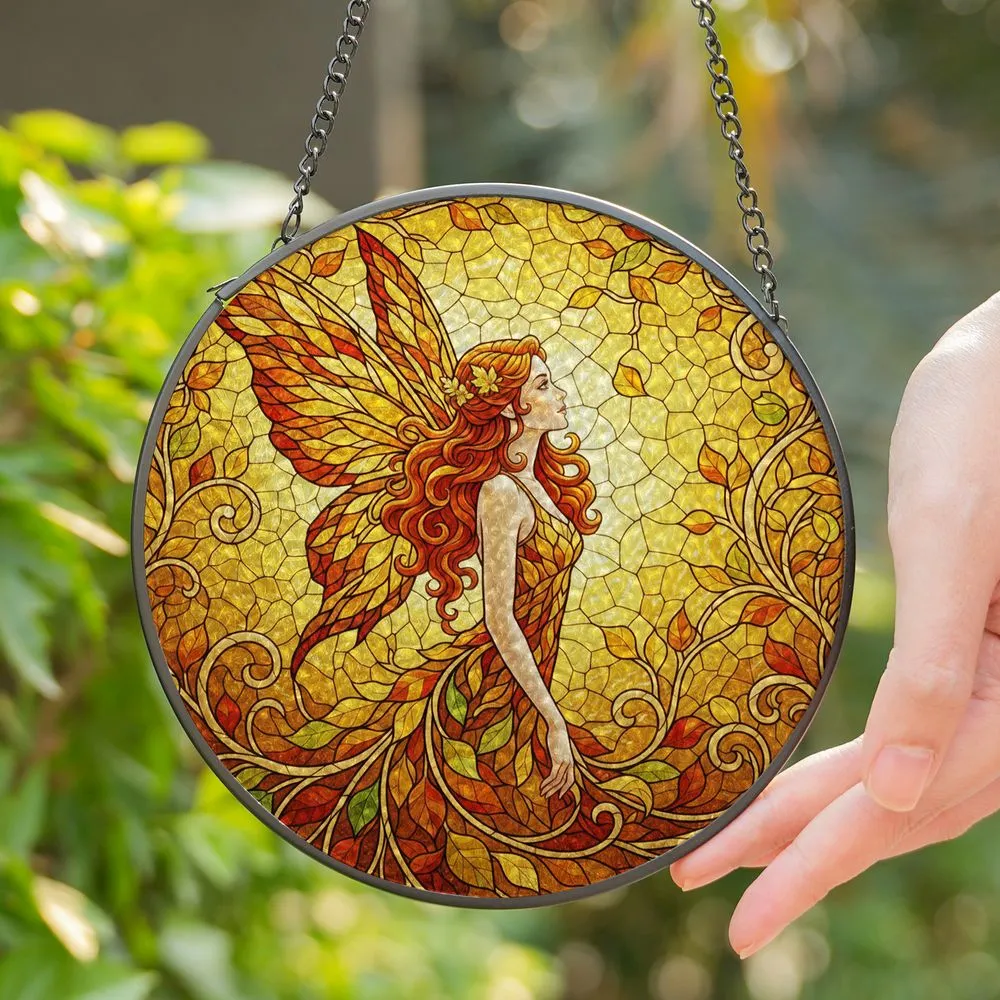 Tiffany Style Stained Glass Autumn Fairy Jewel Tone Wings - Fall Home Decor & Seasonal Gift Stained Glass Suncatcher - 1