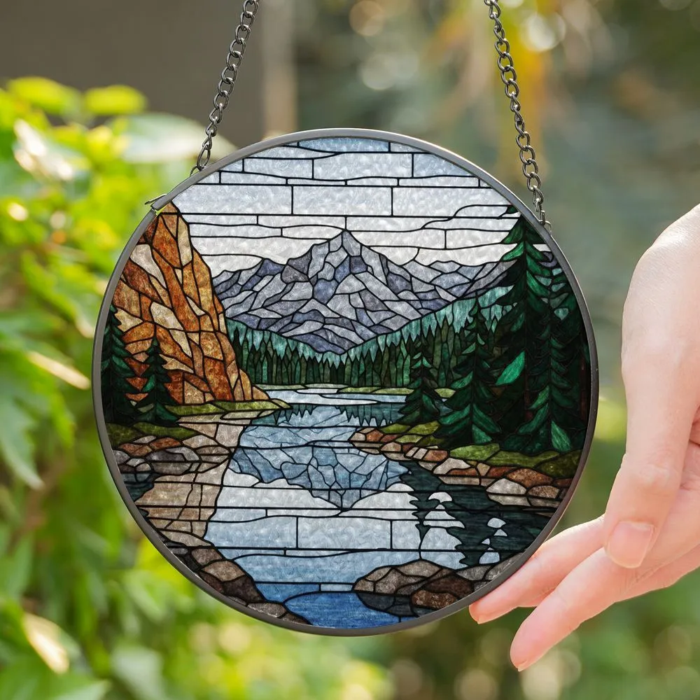 Mountain Lake Forest Landscape Tiffany Style Stained Glass - Nature Lover Home Decor Gift Stained Glass Suncatcher - 1
