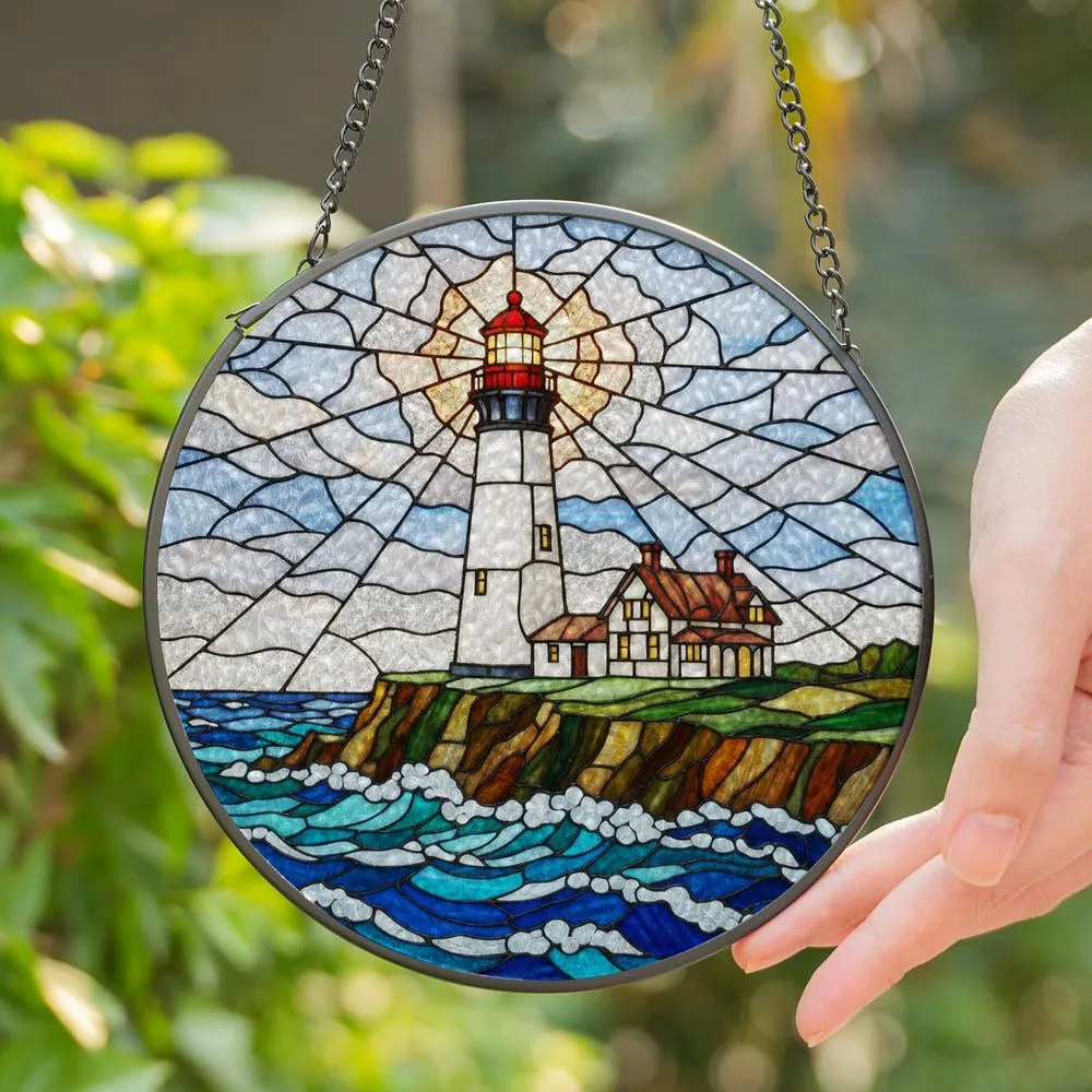 Tiffany Stained Glass Lighthouse Ocean Waves Seascape - Rocky Cliff House Jewel Tones Stained Glass Suncatcher - 1