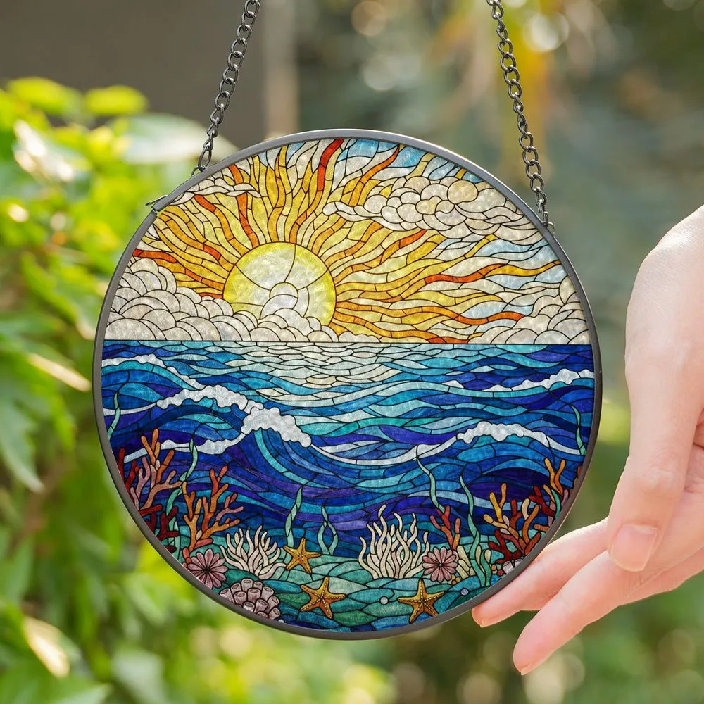 Radiant Sun Ocean Seascape Marine Life, Coral & Starfish - Jewel Tone Window Art Decor Stained Glass Suncatcher - 1