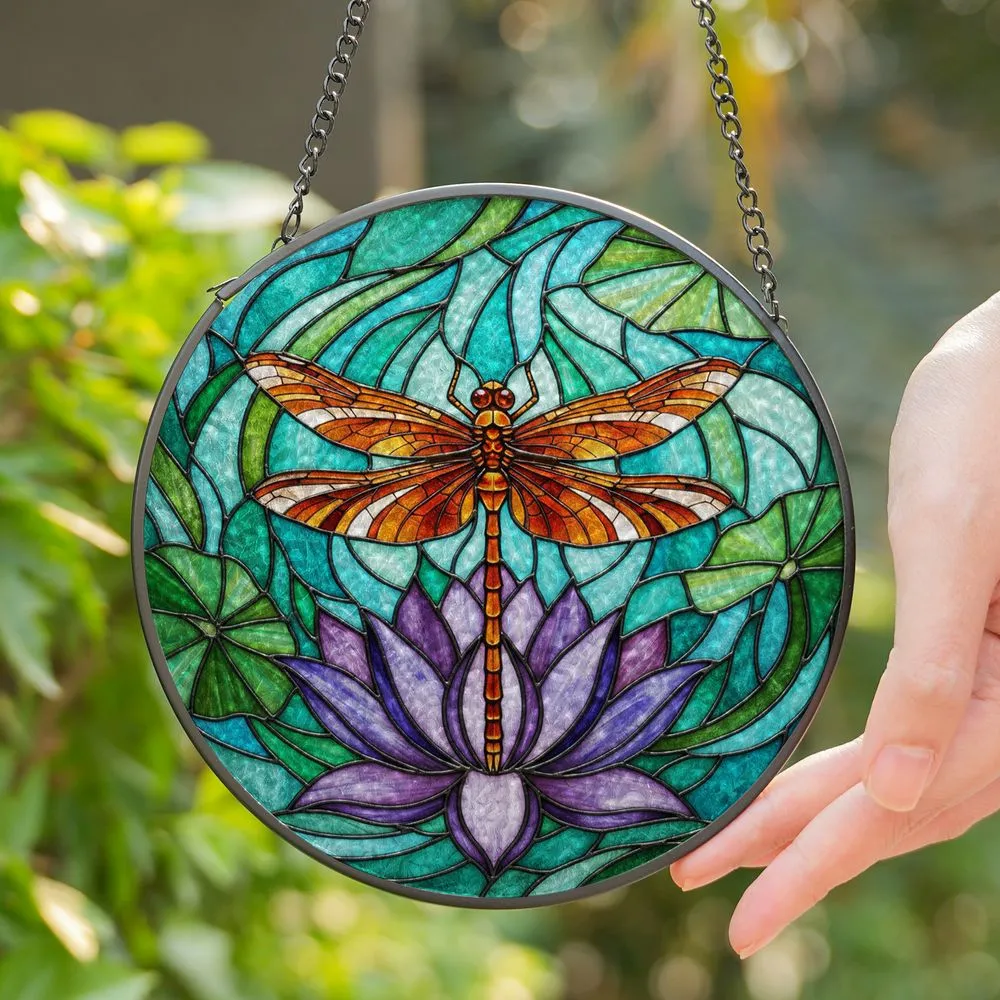 Intricate Tiffany Style Dragonfly Lotus Flower Art - Jewel Tone Water Garden Decor Stained Glass Suncatcher - 1