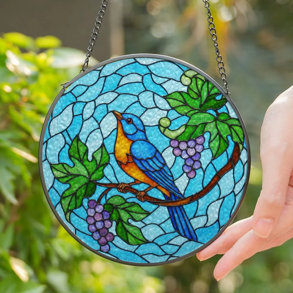 Blue Orange Songbird Stained Glass Art with Purple Berries, Green Leaves - Tiffany Style Decor Stained Glass Suncatcher - 1