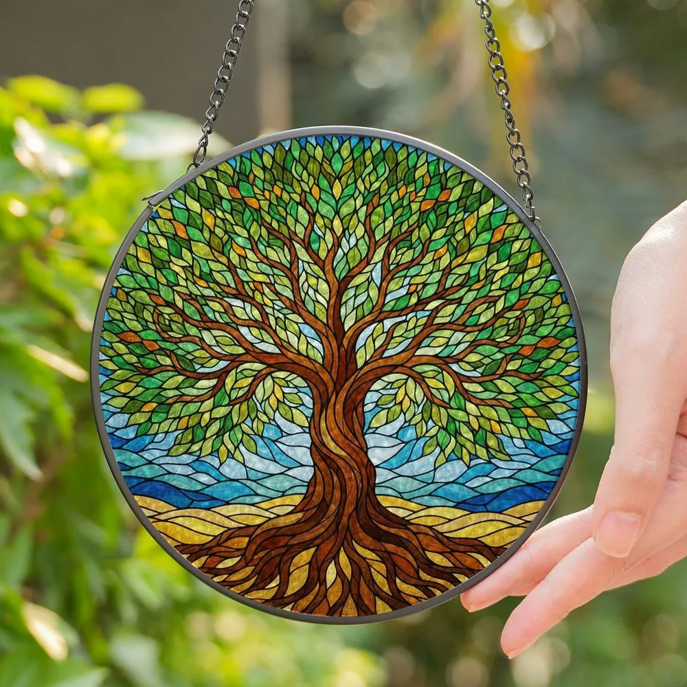 Tree of Life Stained Glass Art - Tiffany Style Mosaic Gnarled Trunk Roots & Canopy Stained Glass Suncatcher - 1