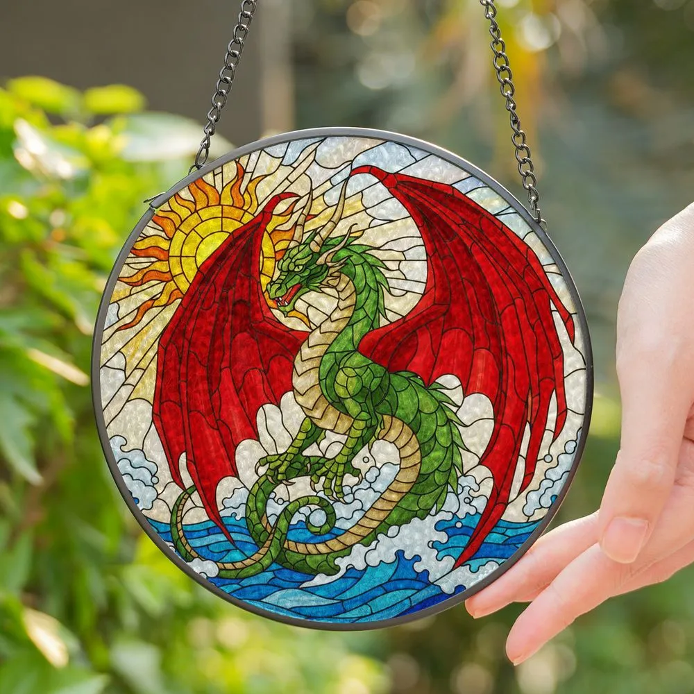 Green Dragon Red Wings Horns Green Eyes - Tiffany Stained Glass Ocean Waves Sun Stained Glass Suncatcher - 1