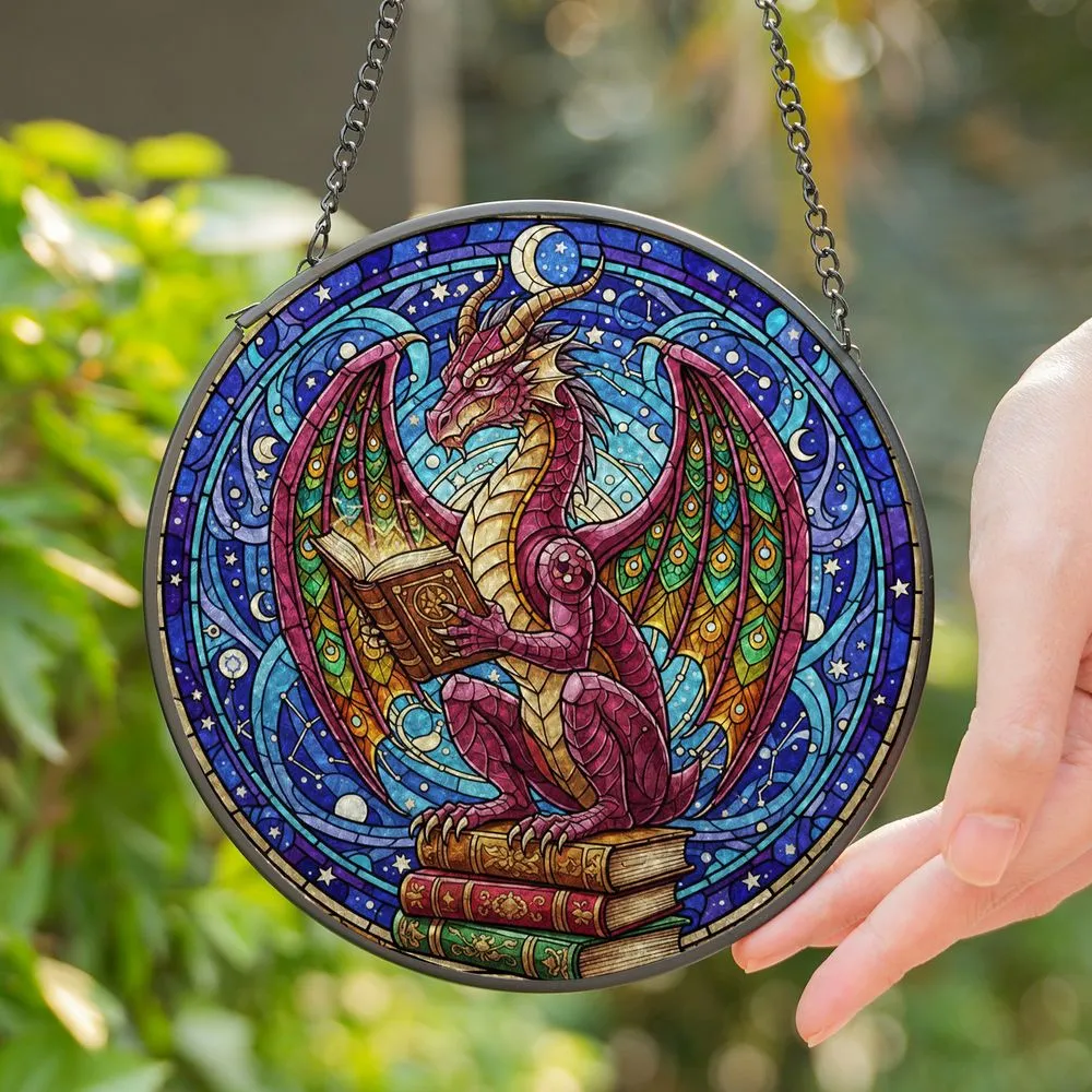Vibrant Dragon Reading Books Tiffany Glass - Magical Energy Celestial Stained Art Decor Stained Glass Suncatcher - 1