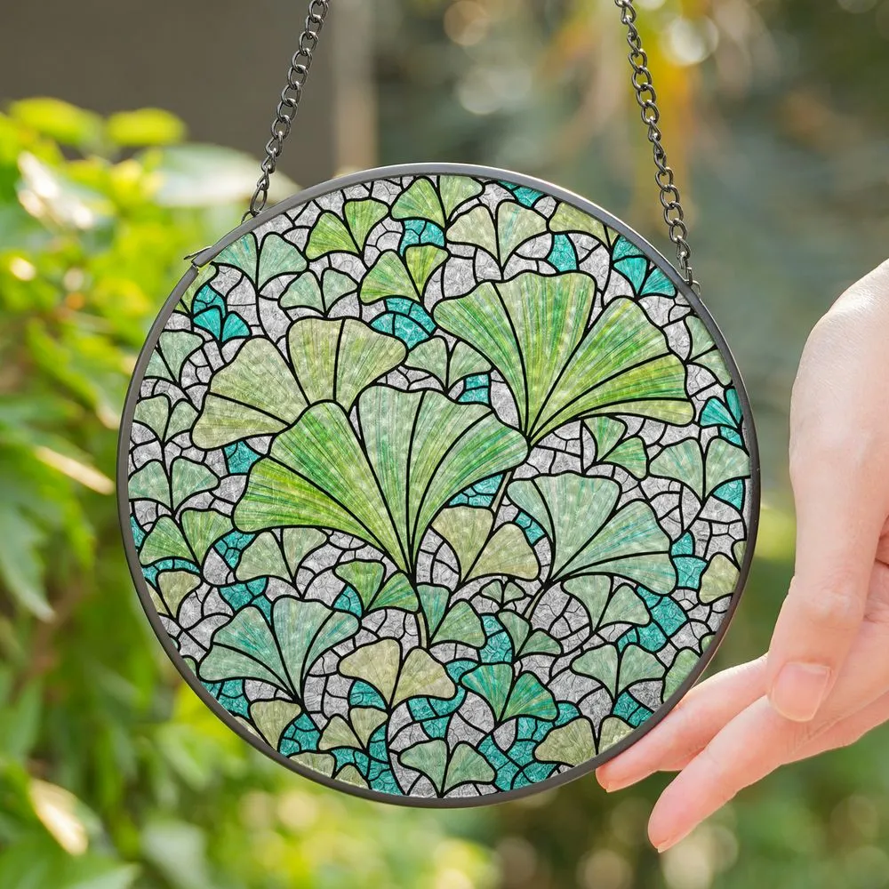 Tiffany Stained Glass Ginkgo Leaves Mosaic Art - Jewel Tones Textured Window Decor Stained Glass Suncatcher - 1