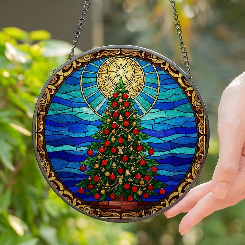 Tiffany Stained Glass Christmas Tree Red Ornaments Star Night Sky Mosaic - Holiday Decor Gift Stained Glass Suncatcher - 1