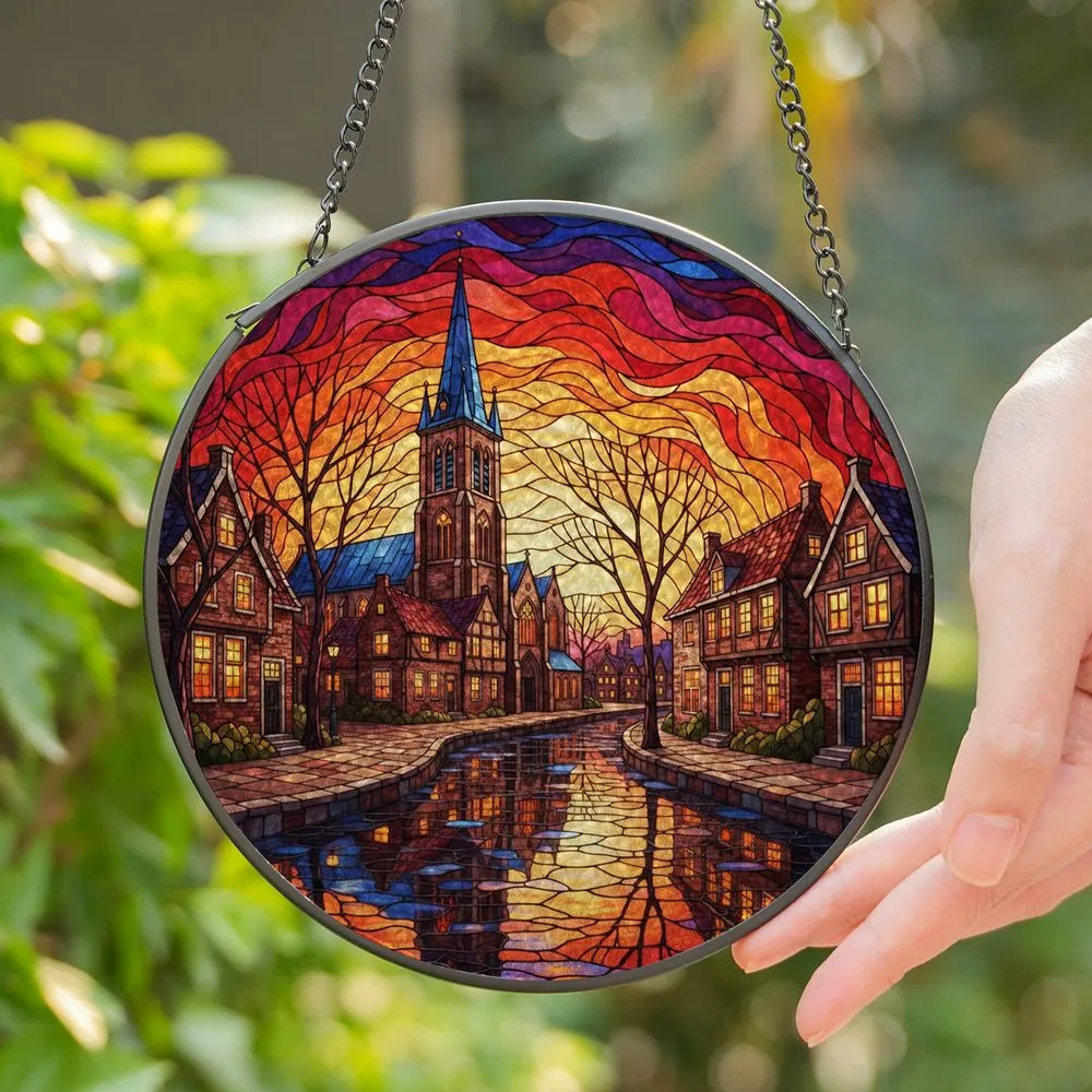 European Village Canal Church Sunset Stained Glass - Glowing Window Art Home Decor Gift Stained Glass Suncatcher - 1