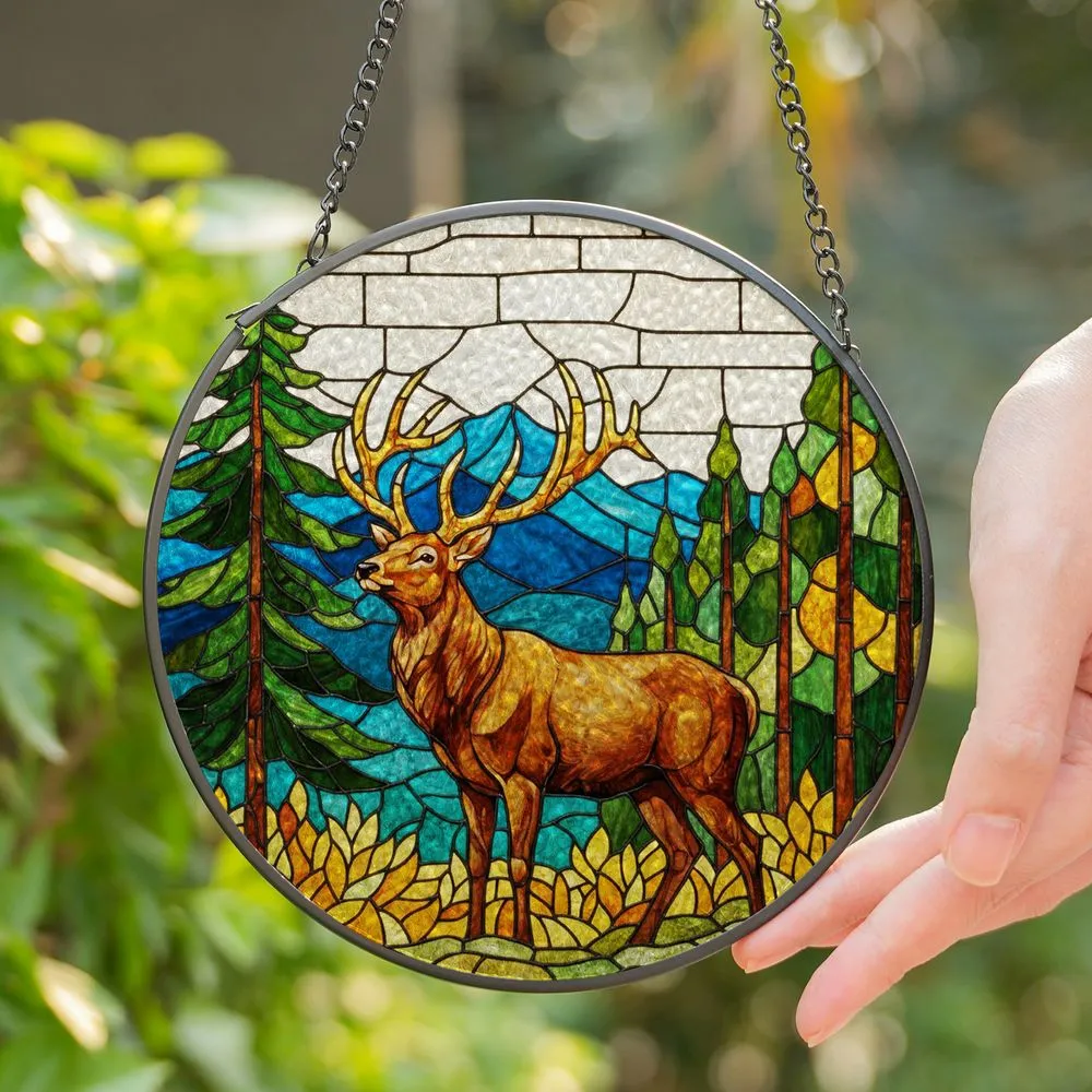 Majestic Brown Stag Stained Glass Antlers - Mountain Pine Forest Tiffany Style Nature Art Stained Glass Suncatcher - 1