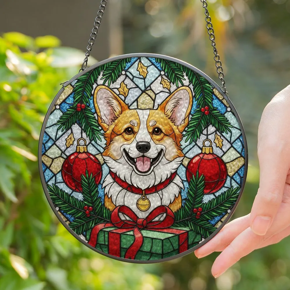 Corgi Dog Christmas Ornaments Pine Branches Gift Box - Tiffany Glass Style Holiday Decor Stained Glass Suncatcher - 1