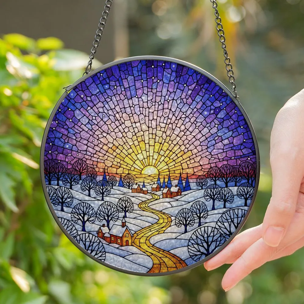 Winding Golden Path Winter Village Stained Glass Twilight Sunset Art - Home Decor Display Stained Glass Suncatcher - 1