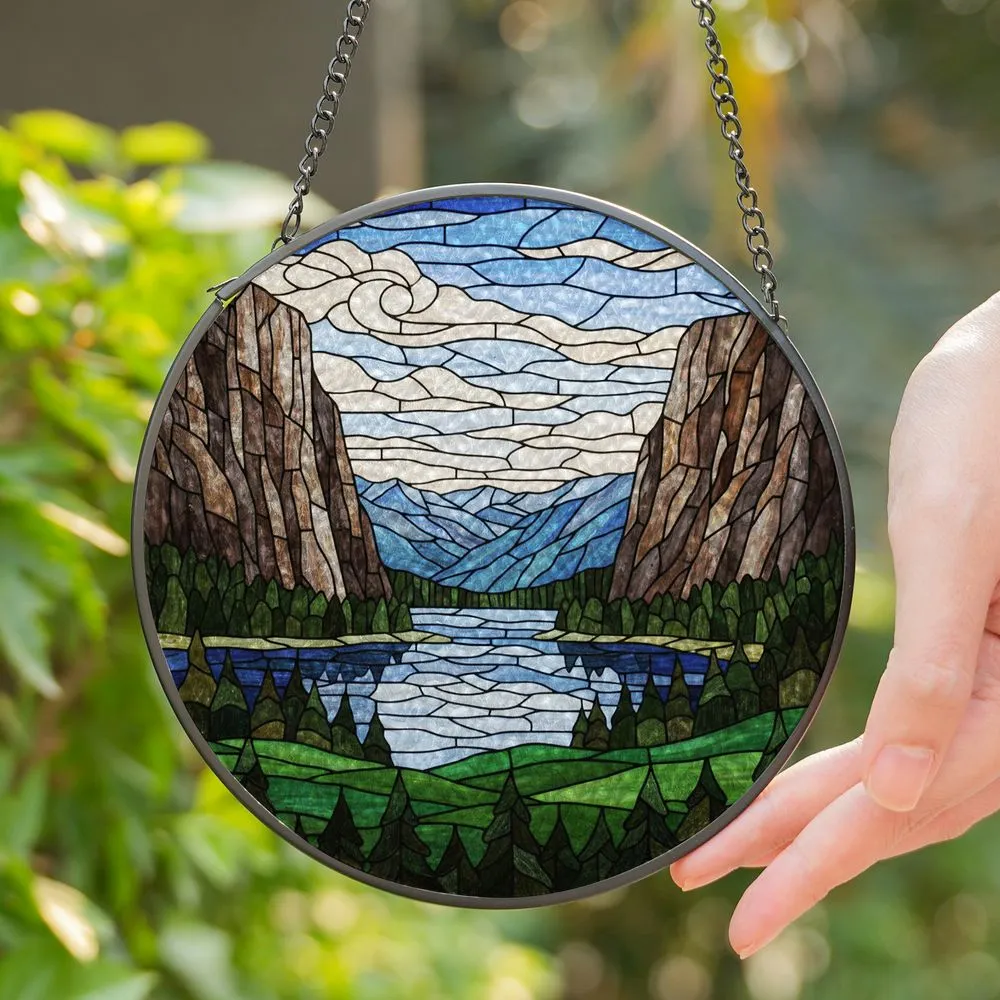 Majestic Valley Mountain Cliffs Forest Water Landscape - Nature Scenery Home Decor Gift Stained Glass Suncatcher - 1