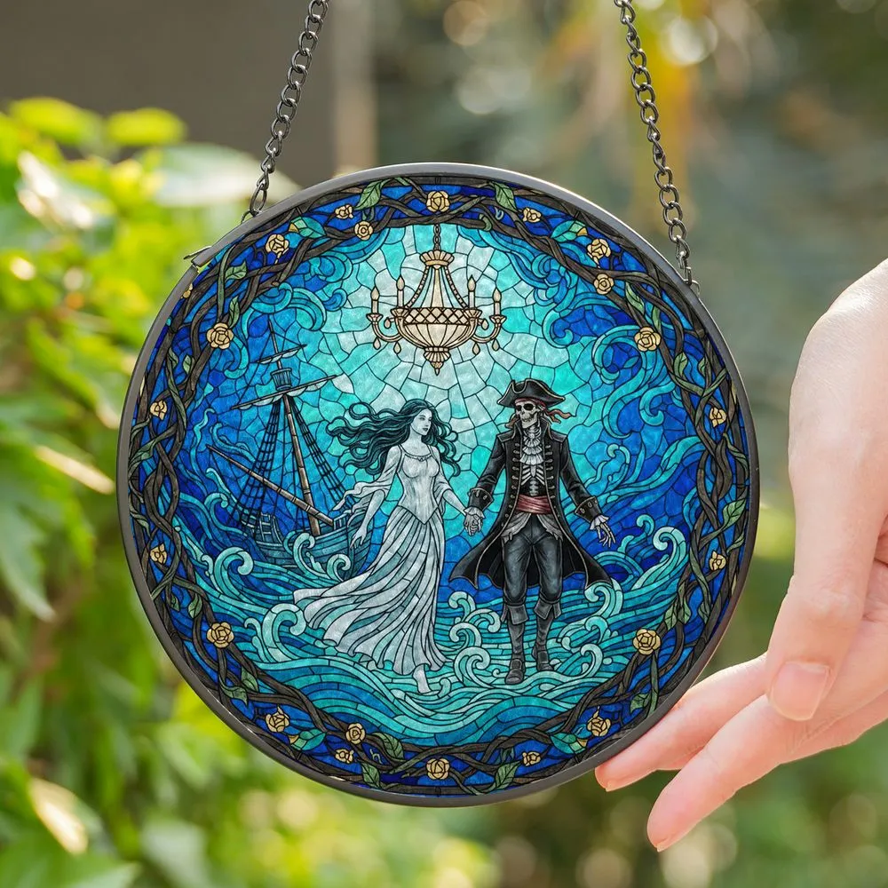 Ghostly Female Pirate Captain Stained Glass Art Underwater Shipwreck Dark Vines Roses Stained Glass Suncatcher - 1