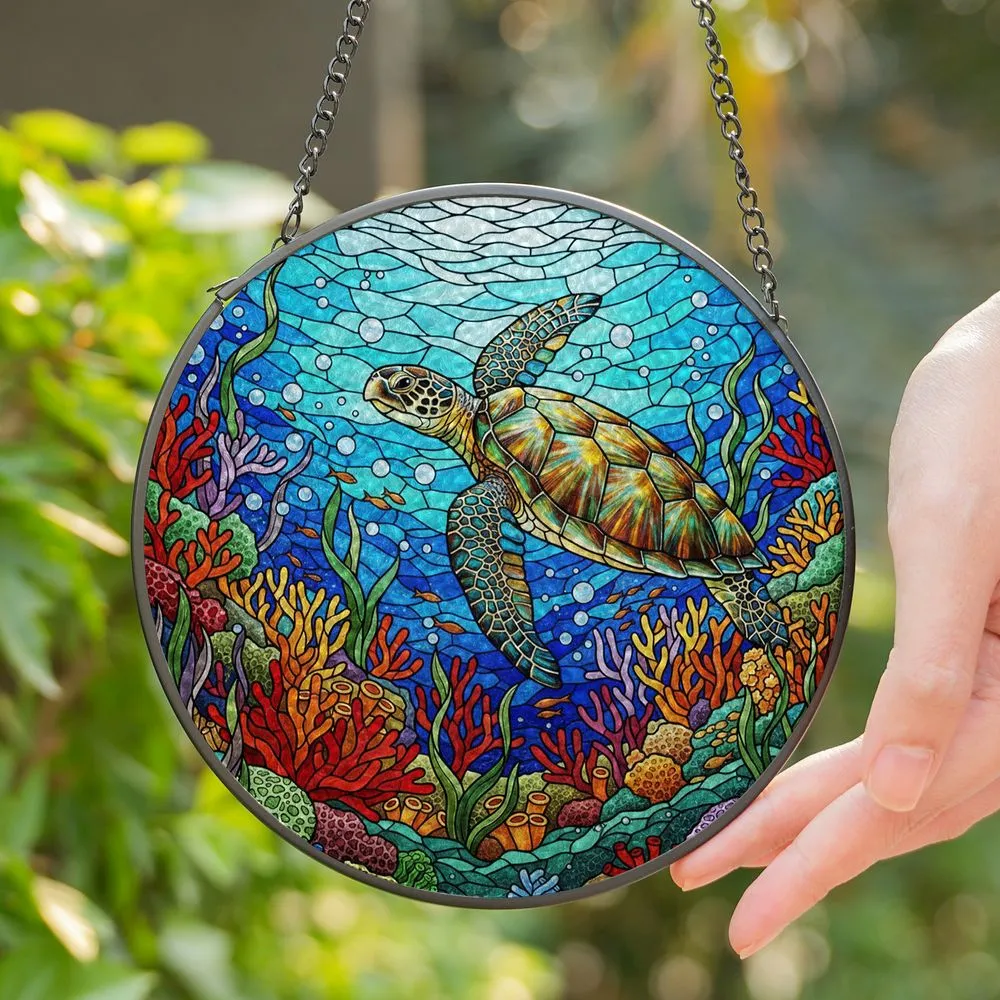 Majestic Sea Turtle Coral Reef Stained Glass - Underwater Ocean Mosaic Tiffany Jewel Tone Art Stained Glass Suncatcher - 1