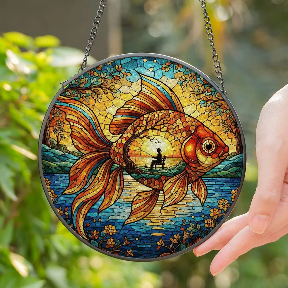 Tiffany Style Stained Glass Fishing Goldfish Sunset - Figure Tree Water Scene Stained Glass Suncatcher - 1