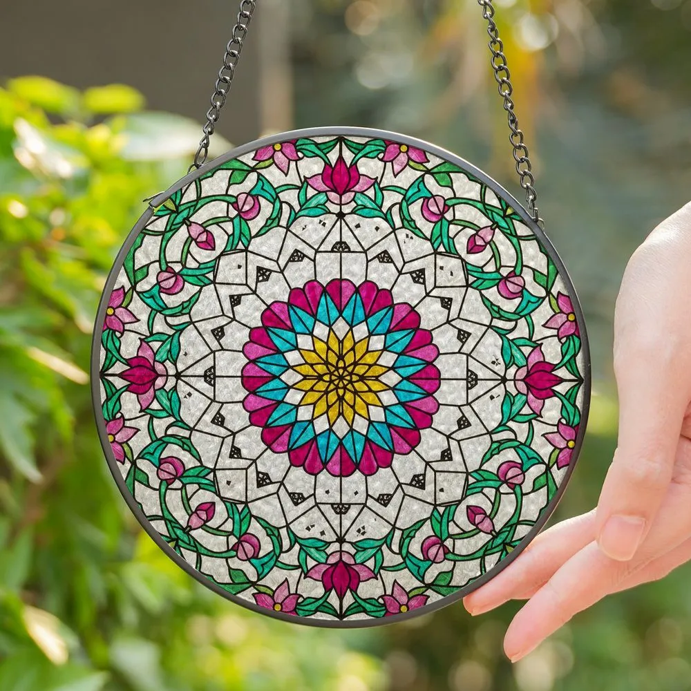 Stained Glass Floral Mandala Starburst Lotus Pink Teal Blue Emerald Green Mosaic Art Stained Glass Suncatcher - 1