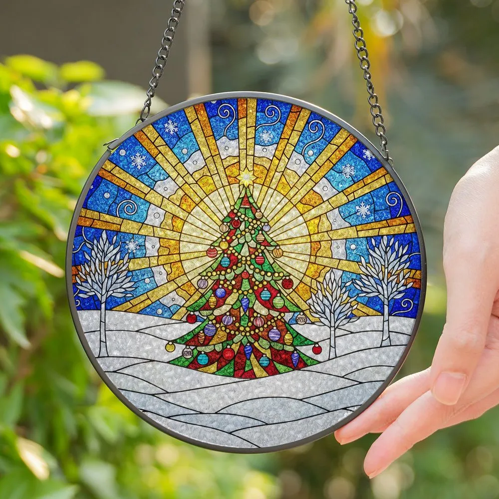 Stained Glass Christmas Tree Winter Snow Sunbeams Colorful Art Holiday Gift Home Decor Stained Glass Suncatcher - 1