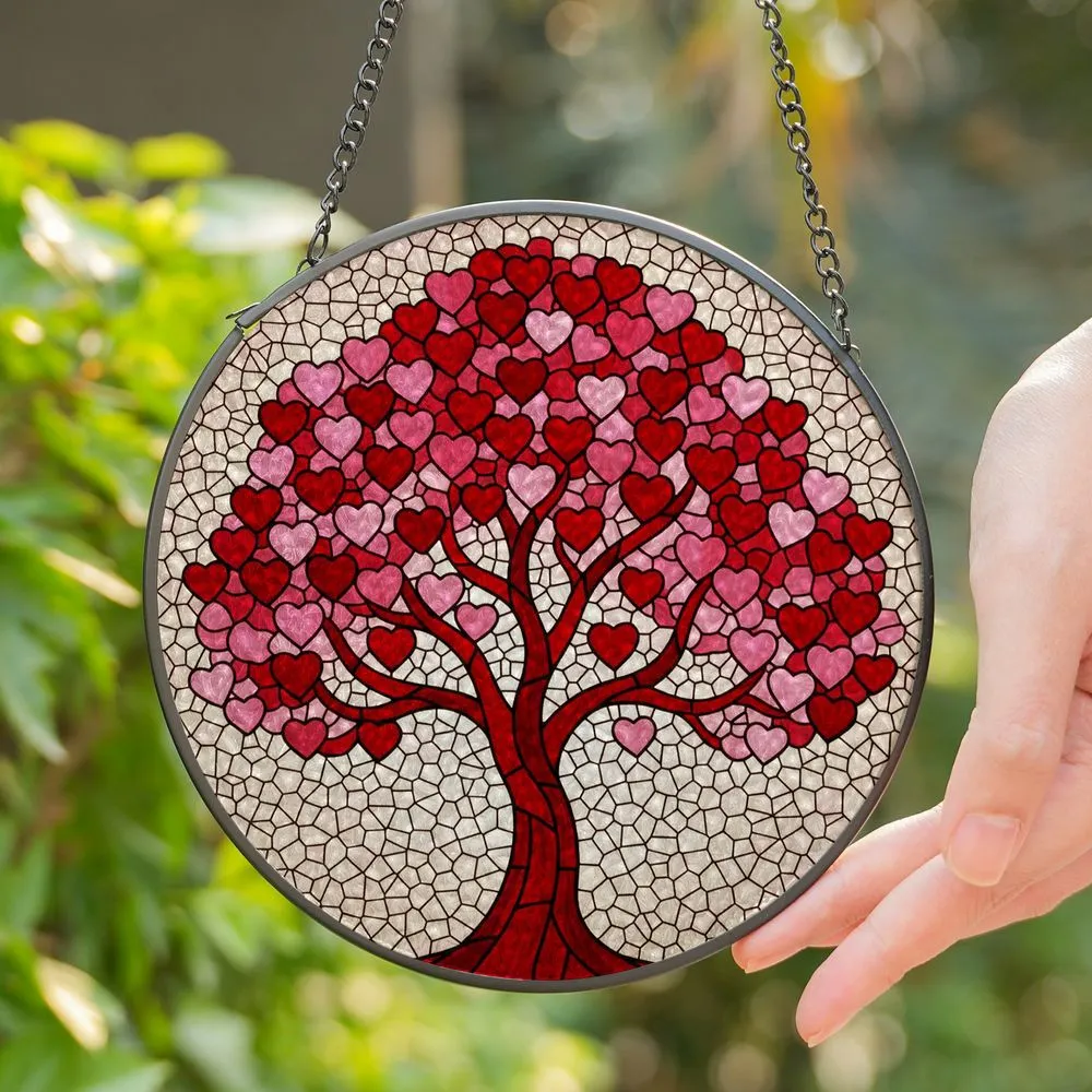 Deep Red Tree Heart Leaves Stained Glass Tiffany Style Mosaic Art - Home Decor Gift Stained Glass Suncatcher - 1