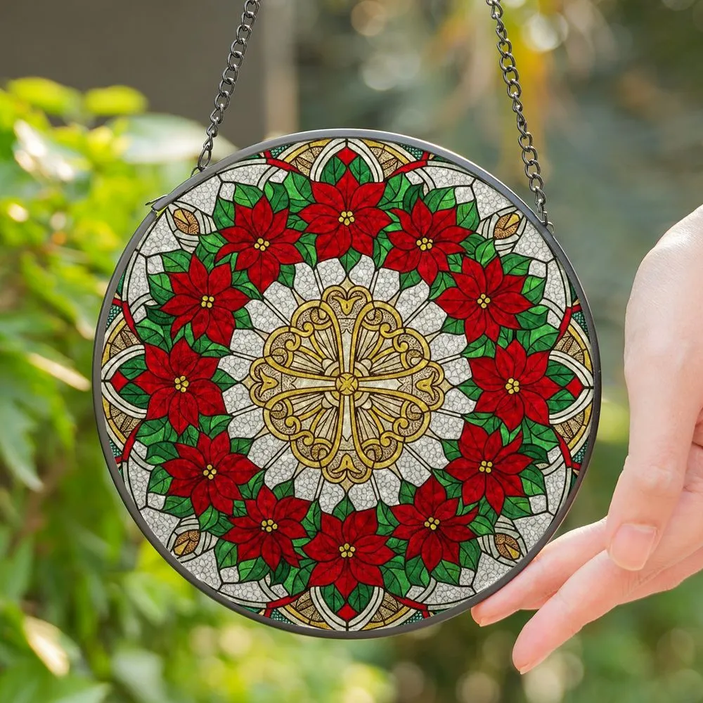 Christian Cross Poinsettia Wreath Stained Glass Mosaic - Jewel Tone Christmas Religious Decor Stained Glass Suncatcher - 1