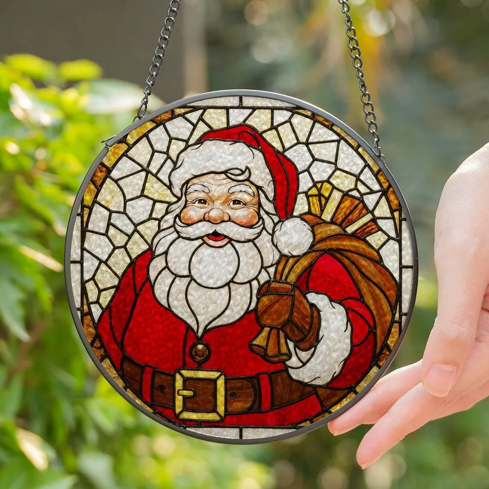Cheerful Santa Claus Stained Glass Tiffany Art - Christmas Holiday Window Decoration Gift for Her Stained Glass Suncatcher - 1