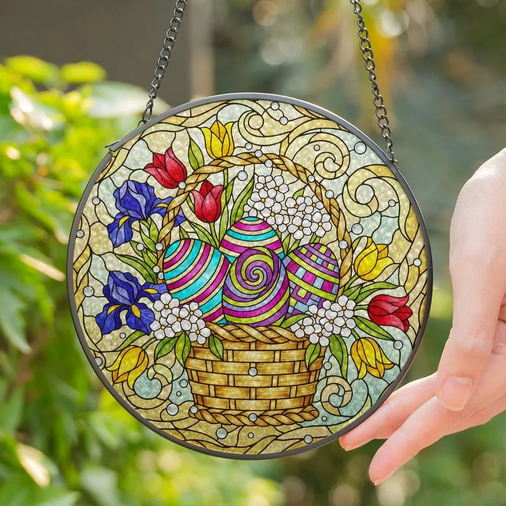 Stained Glass Easter Basket Eggs Spring Flowers - Intricate Tiffany Style Easter Decor Stained Glass Suncatcher - 1