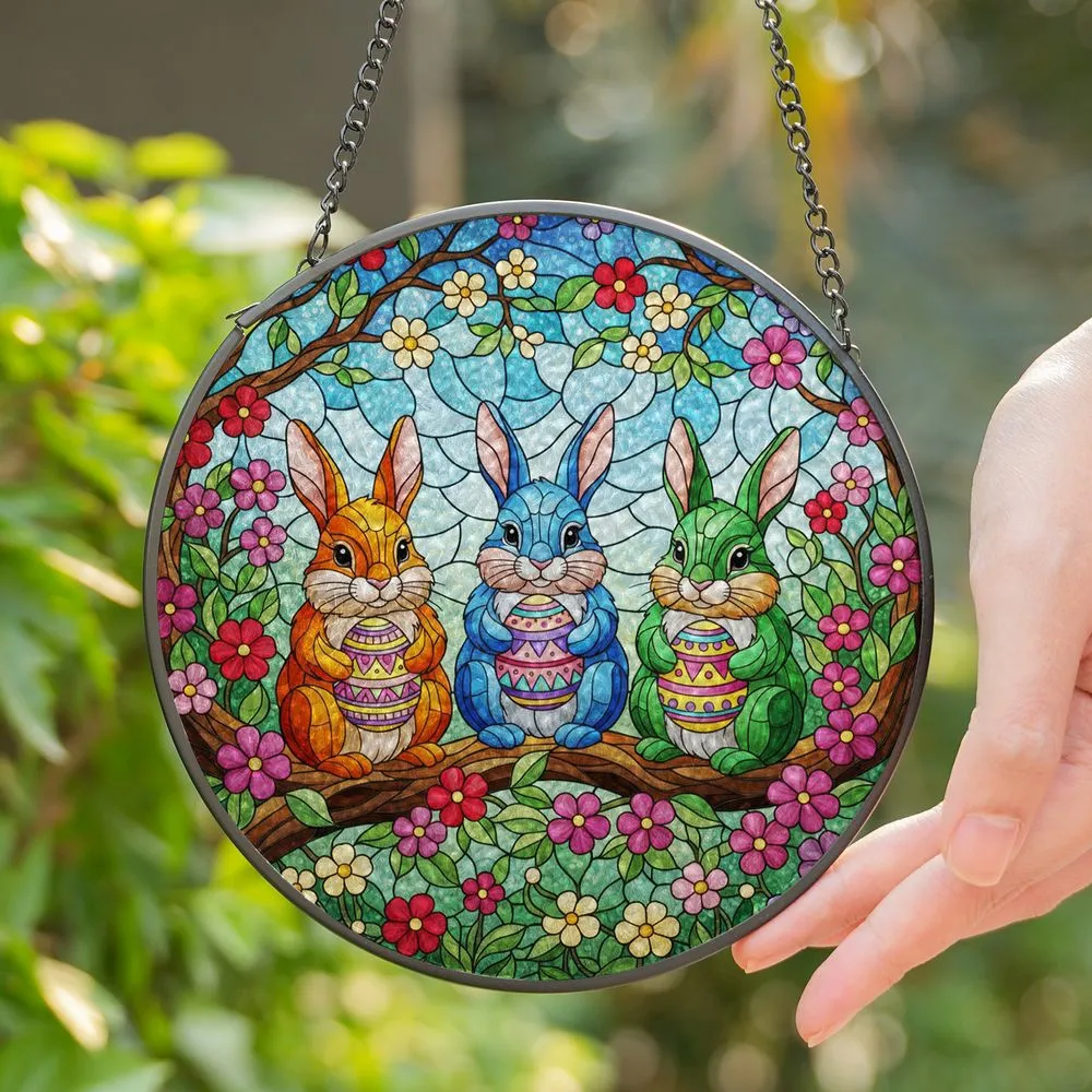 Three Chubby Baby Rabbits Easter Eggs Spring Garden Flowers Stained Glass Tiffany Style Stained Glass Suncatcher - 1
