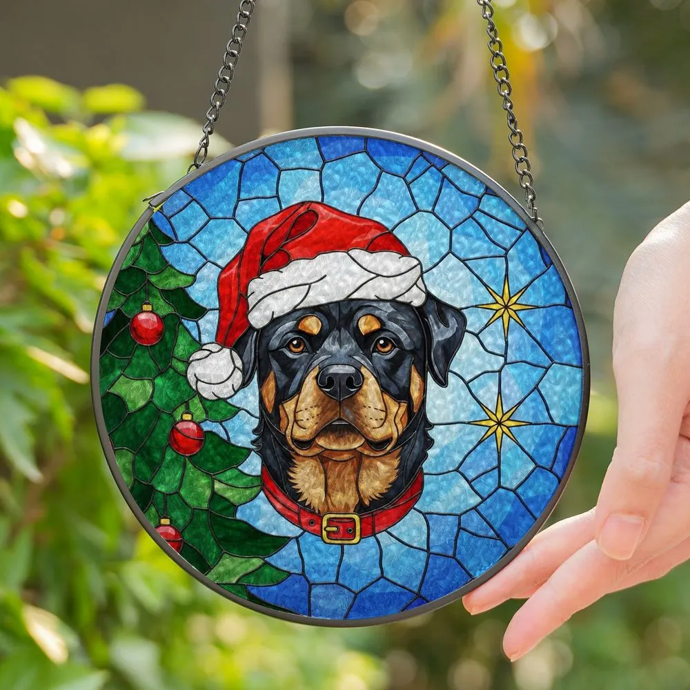 Rottweiler Santa Hat Christmas Tree Tiffany Stained Glass Art - Holiday Dog Lover Gift Decor Stained Glass Suncatcher - 1