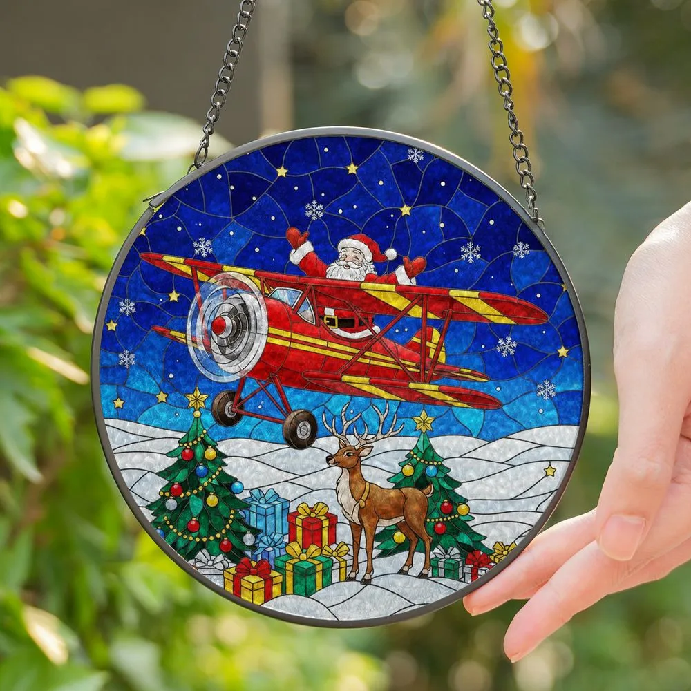 Santa Claus Biplane Reindeer Christmas Tree Winter Night Snowflakes Tiffany Glass Stained Glass Suncatcher - 1