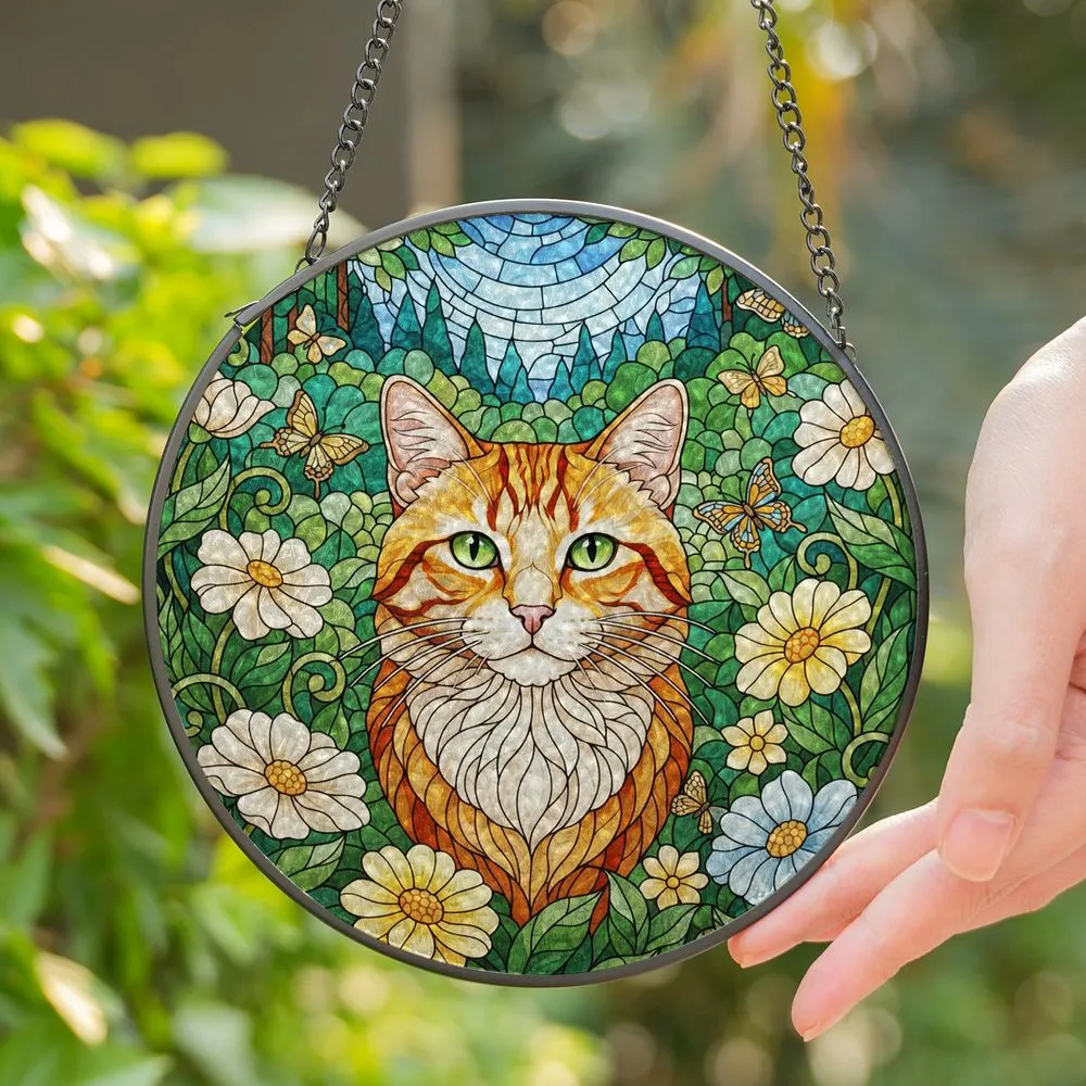 Orange White Tabby Cat, Intricate Stained Glass Butterflies, Tiffany Jewel Tone Floral Mosaic Landscape Stained Glass Suncatcher - 1