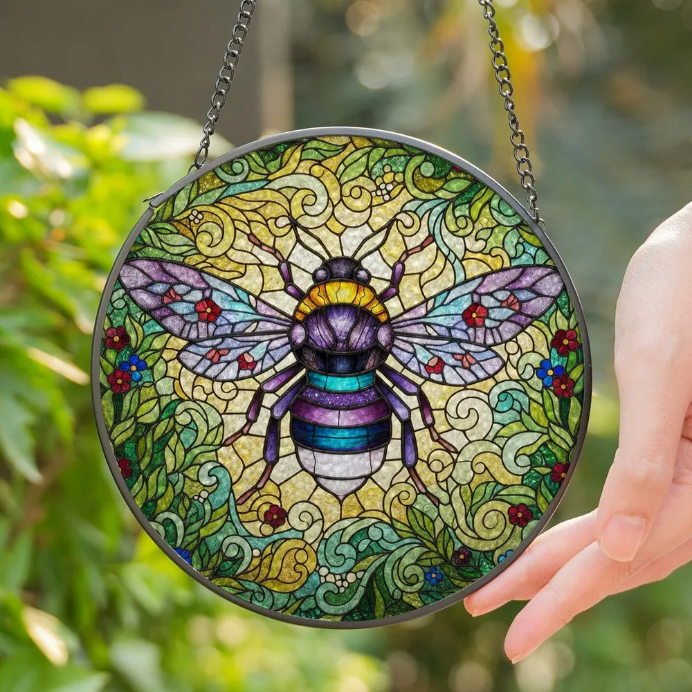 Stylized Bumblebee Stained Glass Floral Garden Mosaic - Translucent Jewel Tone Art Stained Glass Suncatcher - 1