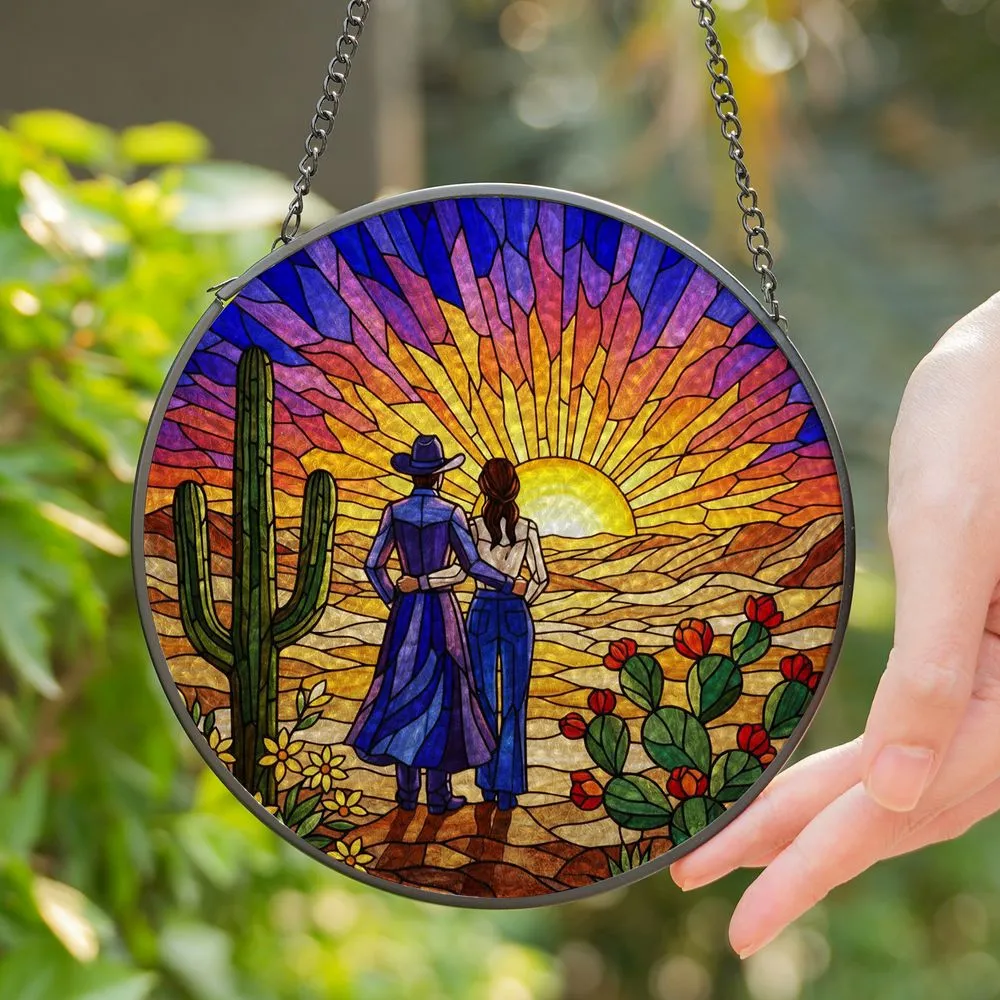 Cowboy Cowgirl Couple Desert Sunset Saguaro Prickly Pear Lone Star Stained Glass Art Stained Glass Suncatcher - 1