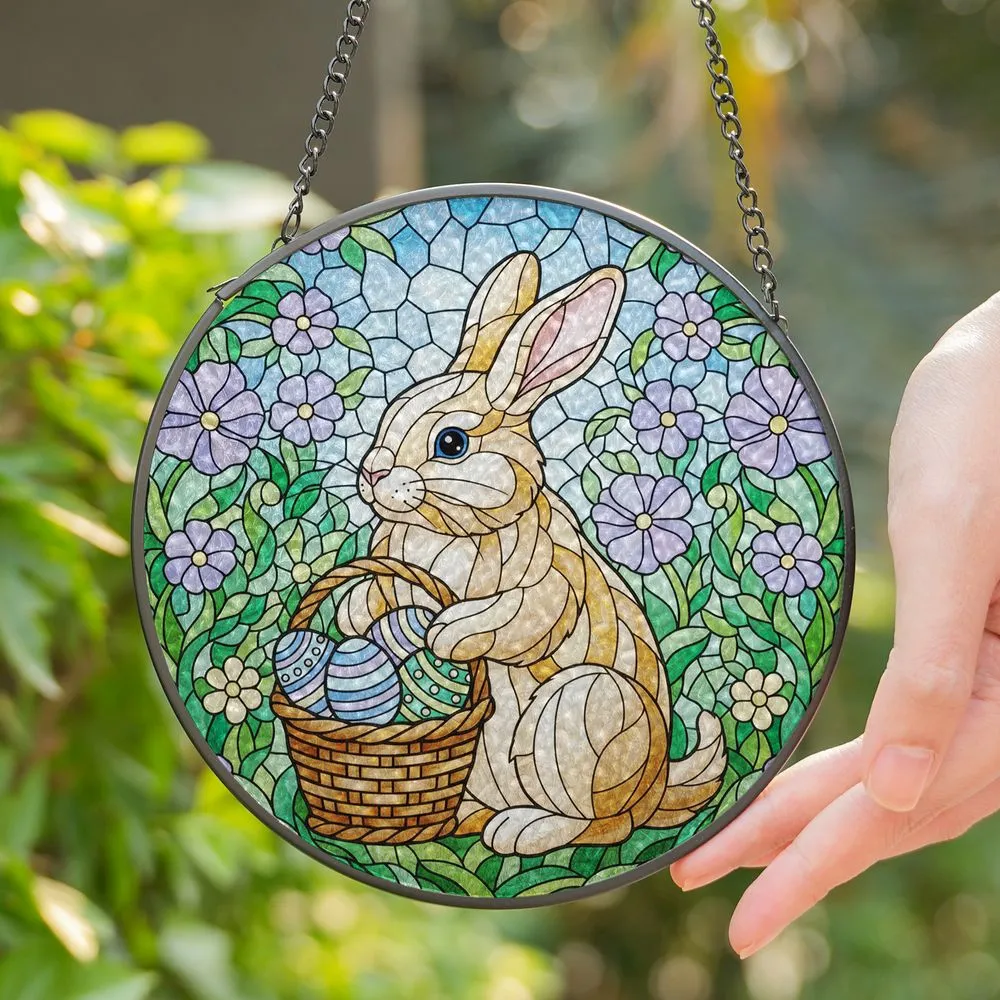 Chubby Rabbit Easter Eggs Spring Garden Mosaic Tiffany Glass Art Easter Holiday Decor Stained Glass Suncatcher - 1