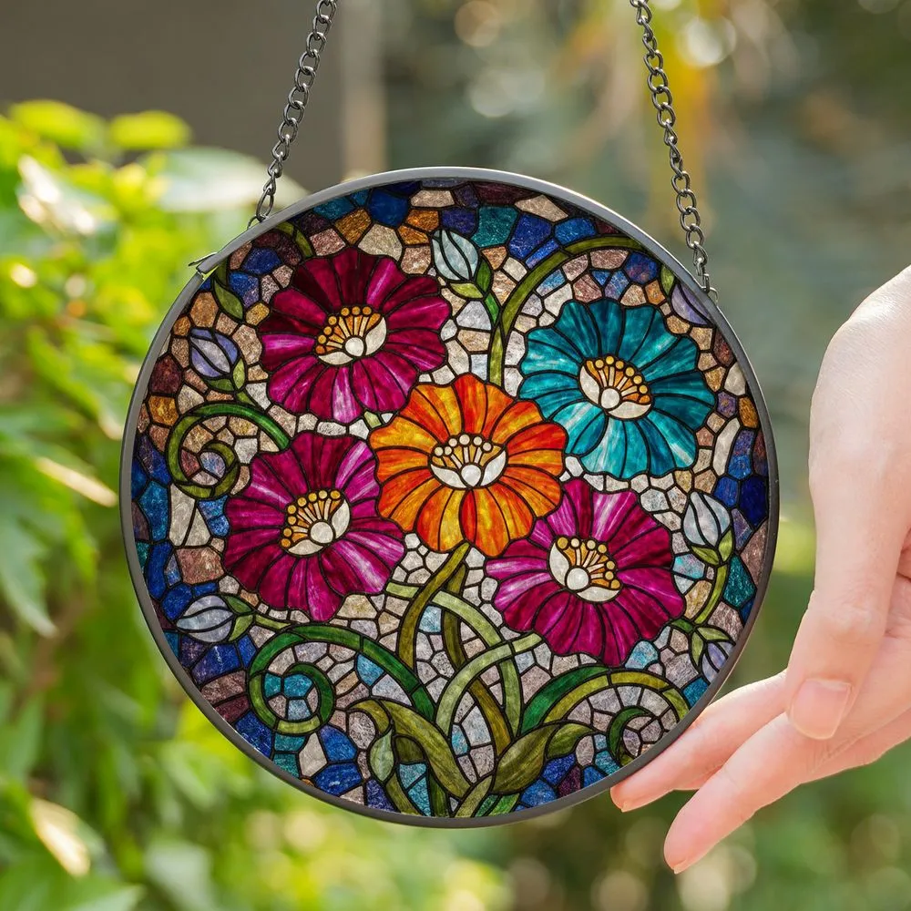 Five Flower Cluster Tiffany Stained Glass - Jewel Tone Mosaic Edge-to-Edge Panel Stained Glass Suncatcher - 1