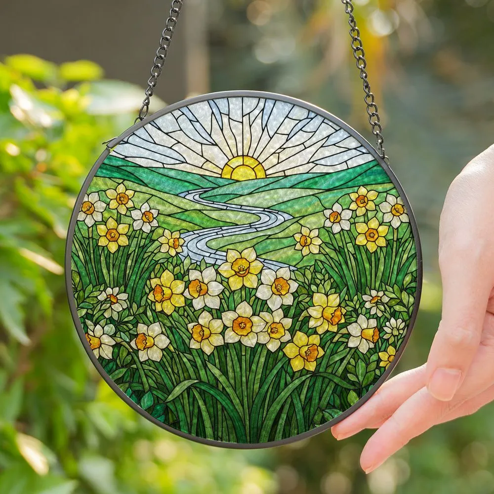 Bright Daffodil Stained Glass Art Tiffany Style - Yellow Flowers Green Hills River Sun Stained Glass Suncatcher - 1
