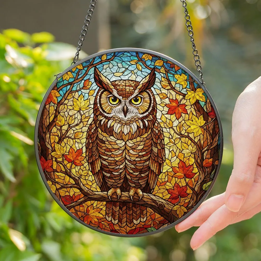 Great Horned Owl Stained Glass Mosaic Autumn Leaves Tree Branch Window Panel Art Stained Glass Suncatcher - 1