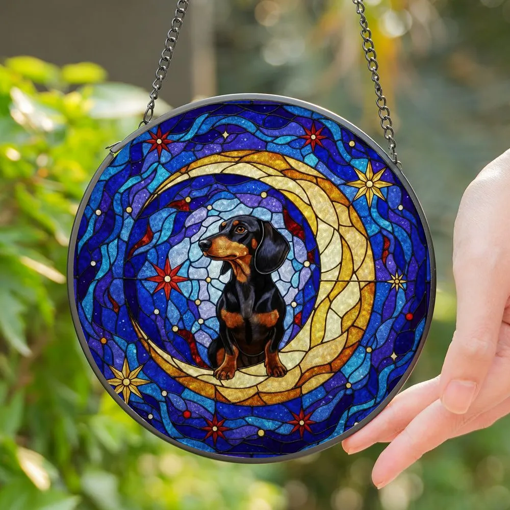 Black Tan Dachshund Dog Golden Crescent Moon Celestial Stars Tiffany Stained Glass Stained Glass Suncatcher - 1
