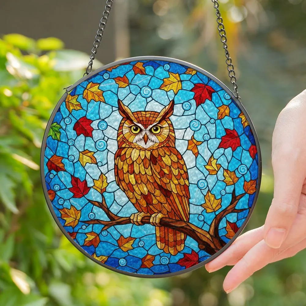 Tawny Owl Stained Glass Art with Autumn Leaves & Blue Sky - Wildlife Nature Home Decor Stained Glass Suncatcher - 1