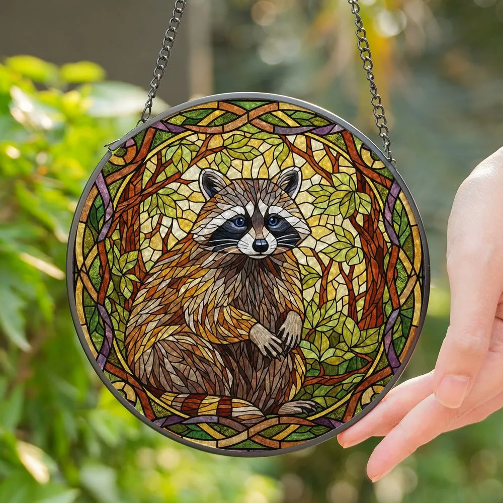 Raccoon Stained Glass Mosaic Forest Foliage - Tiffany Style Jewel Tone Window Decor Stained Glass Suncatcher - 1