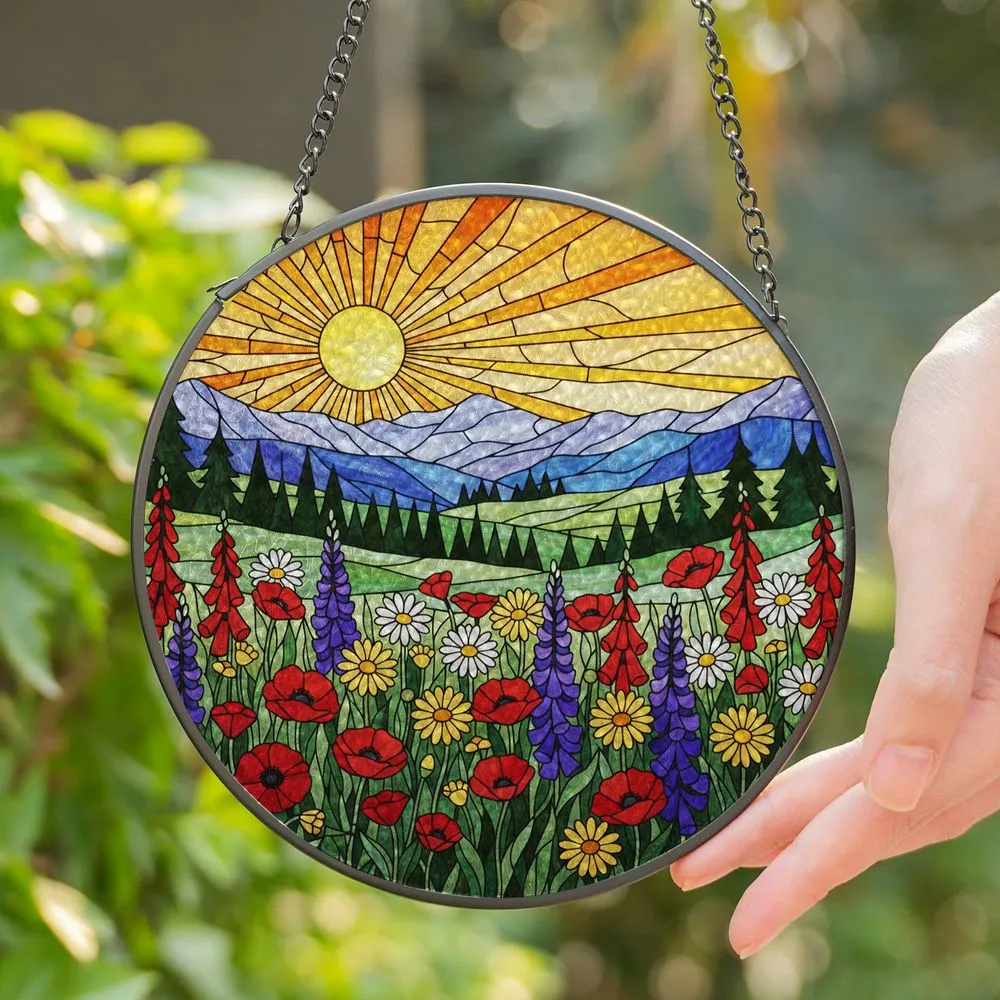 Stylized Sun Wildflowers Mountain Landscape Tiffany Stained Glass Art Window Decor Stained Glass Suncatcher - 1